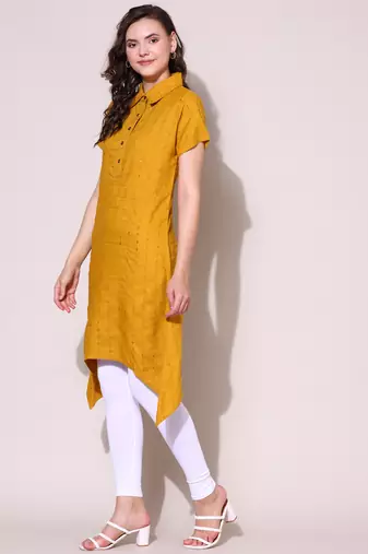 Anushil stylish checkered lurex cotton kurti for women's and girls - shirt collar long side