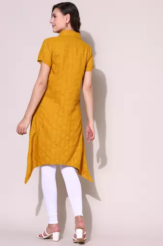 Anushil stylish checkered lurex cotton kurti for women's and girls - shirt collar long side