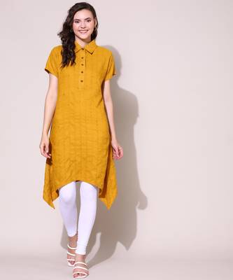 Anushil stylish checkered lurex cotton kurti for women's and girls - shirt collar long side 5