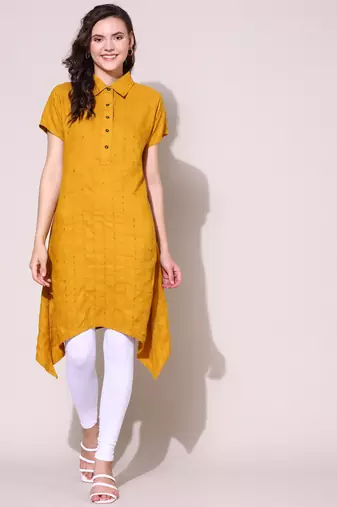 Anushil stylish checkered lurex cotton kurti for women's and girls - shirt collar long side