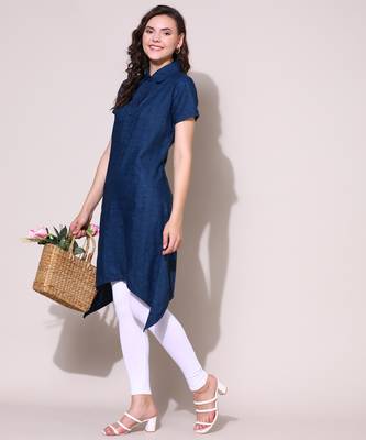 Anushil stylish checkered lurex cotton kurti for women's and girls - shirt collar long side 1