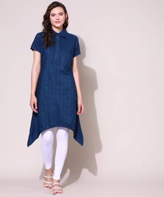 Anushil stylish checkered lurex cotton kurti for women's and girls - shirt collar long side 2