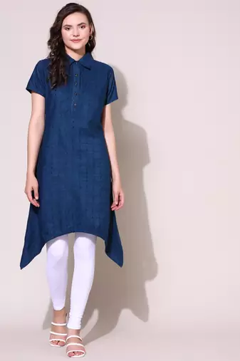 Anushil stylish checkered lurex cotton kurti for women's and girls - shirt collar long side