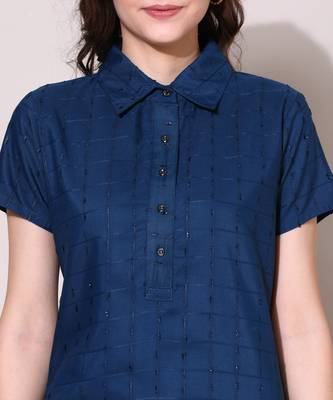 Anushil stylish checkered lurex cotton kurti for women's and girls - shirt collar long side 3