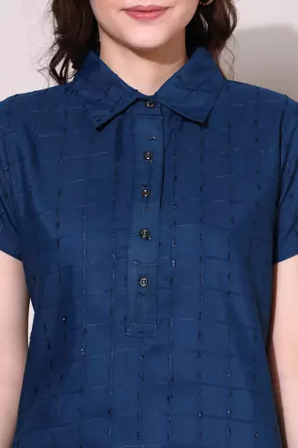 Anushil stylish checkered lurex cotton kurti for women's and girls - shirt collar long side