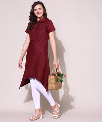 Anushil stylish checkered lurex cotton kurti for women's and girls - shirt collar long side 1