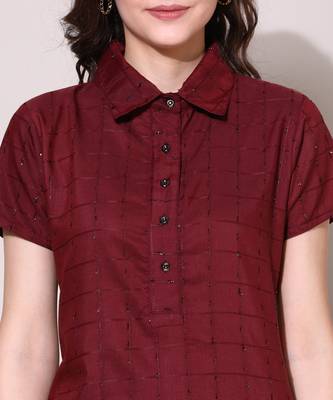 Anushil stylish checkered lurex cotton kurti for women's and girls - shirt collar long side 2