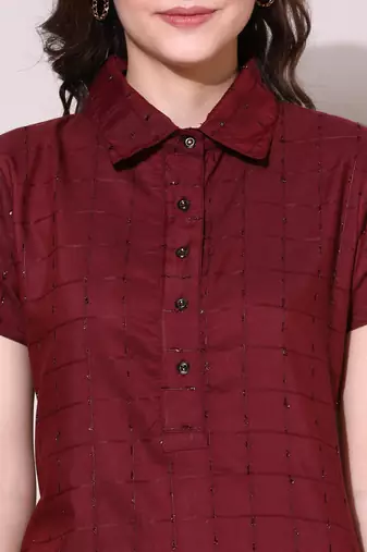 Anushil stylish checkered lurex cotton kurti for women's and girls - shirt collar long side