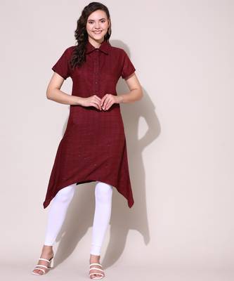 Anushil stylish checkered lurex cotton kurti for women's and girls - shirt collar long side 4