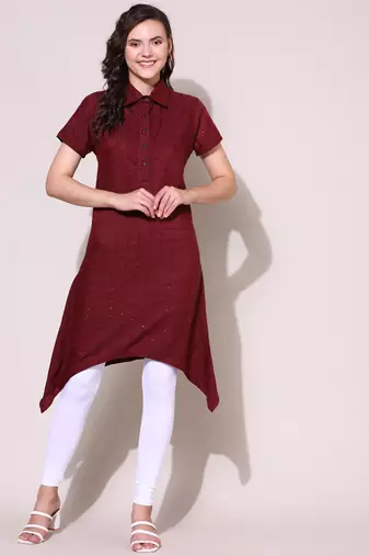 Anushil stylish checkered lurex cotton kurti for women's and girls - shirt collar long side