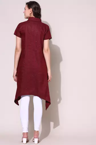 Anushil stylish checkered lurex cotton kurti for women's and girls - shirt collar long side