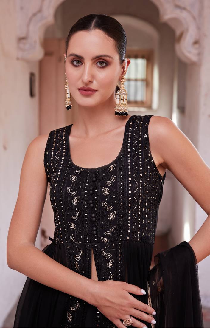 Black Ly Crafted With Thread Zari And Sequins Embroidered Georgette Salwar Kameez With Dupatta