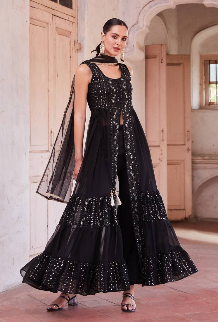  Black Ly Crafted With Thread Zari And Sequins Embroidered Georgette Salwar Kameez With Dupatta