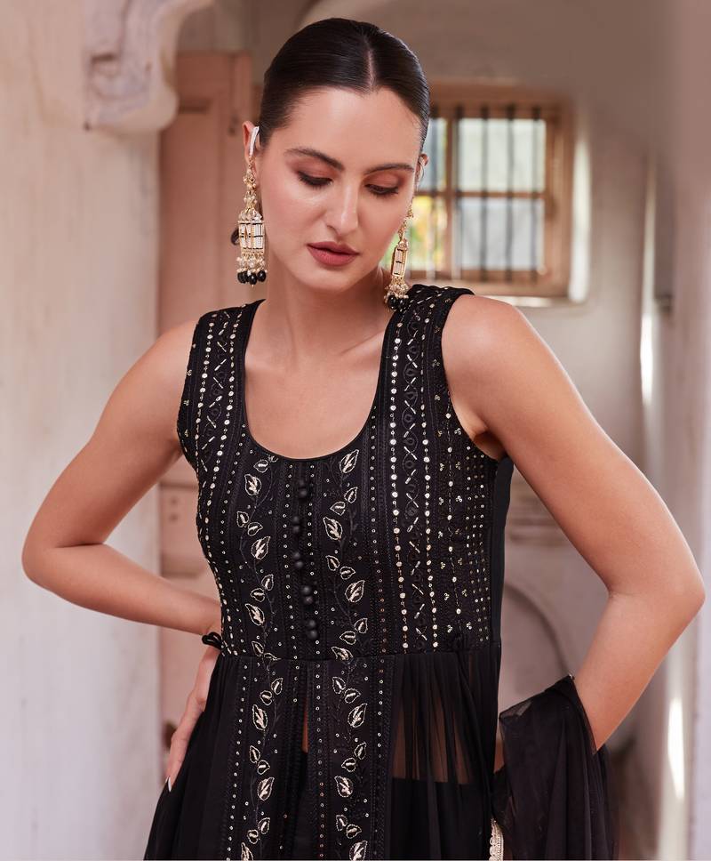  Black Ly Crafted With Thread Zari And Sequins Embroidered Georgette Salwar Kameez With Dupatta