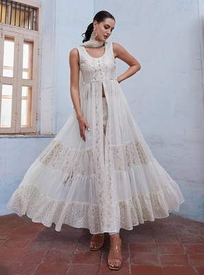 Graceful Off White Beautifully Crafted with Thread, zari, and Sequins Embroidered Georgette Indian salwar kameez online 1