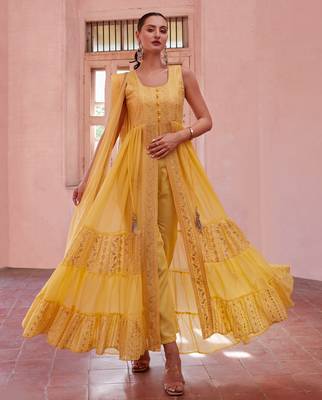 Figurative Yellow Beautifully Crafted with Thread, zari, and Sequins Embroidered Georgette designer salwar kameez 1