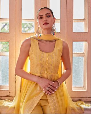 Figurative Yellow Beautifully Crafted with Thread, zari, and Sequins Embroidered Georgette designer salwar kameez 2
