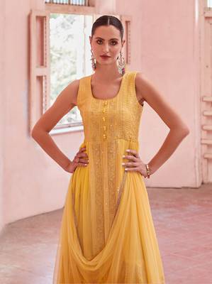 Figurative Yellow Beautifully Crafted with Thread, zari, and Sequins Embroidered Georgette designer salwar kameez 4