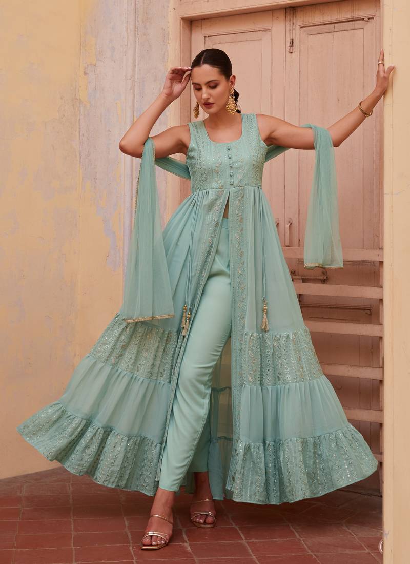 Fascinating Firozi Beautifully Crafted with Embroidered traditional Indian clothing with Western styles