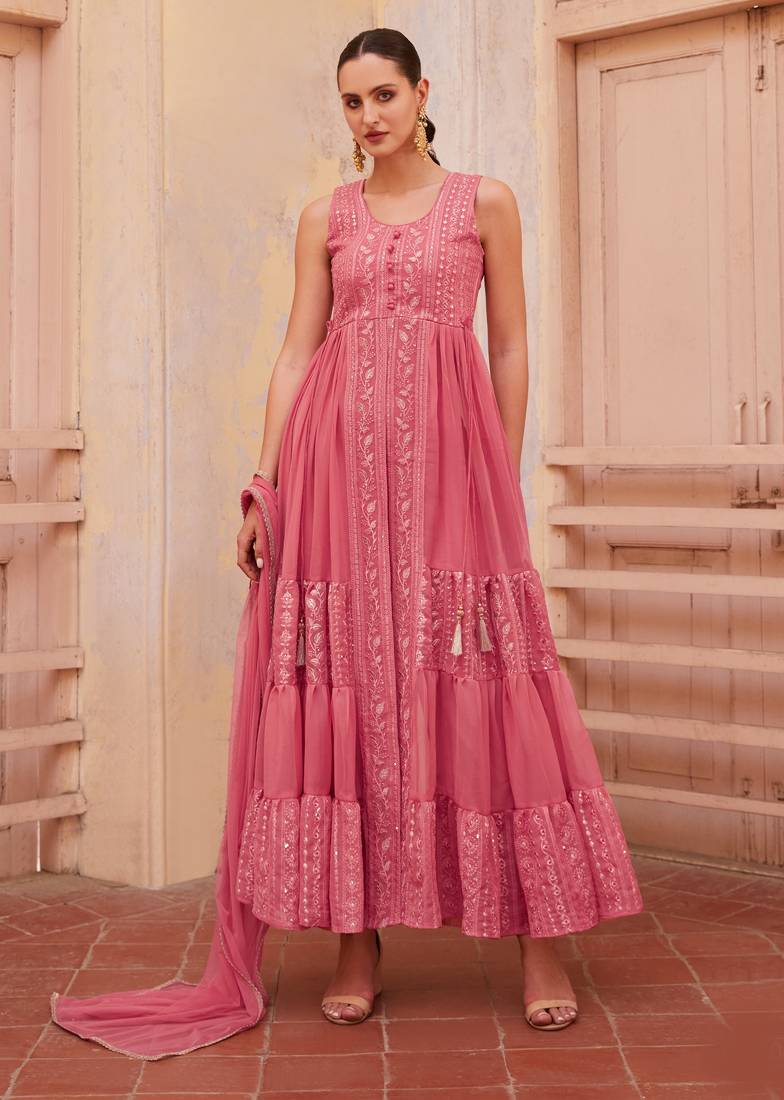Gorgeous Gajri Pink Beautifully Crafted with Thread and Sequins Embroidered Georgette salwar kameez online shopping