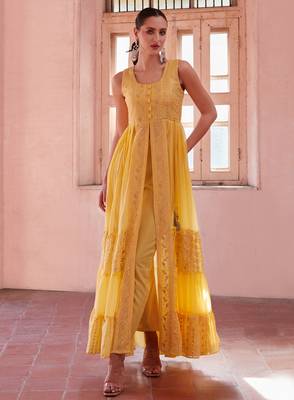 Figurative Yellow Beautifully Crafted with Thread, zari, and Sequins Embroidered Georgette designer salwar kameez 5
