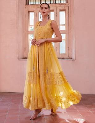 Figurative Yellow Beautifully Crafted with Thread, zari, and Sequins Embroidered Georgette designer salwar kameez 6
