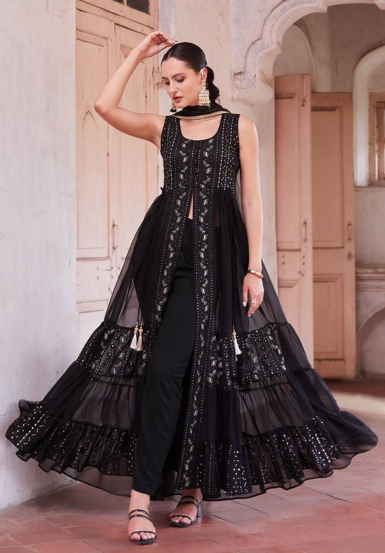  Black Ly Crafted With Thread Zari And Sequins Embroidered Georgette Salwar Kameez With Dupatta