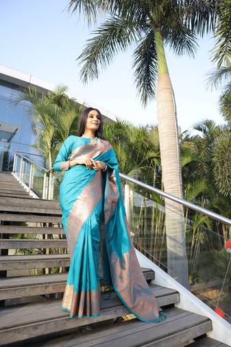 Beautiful Firozi Banarasi Silk Saree