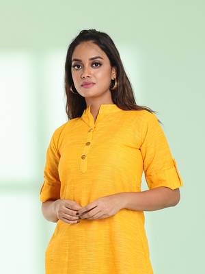 Yellow solid cotton a-line short kurta 2