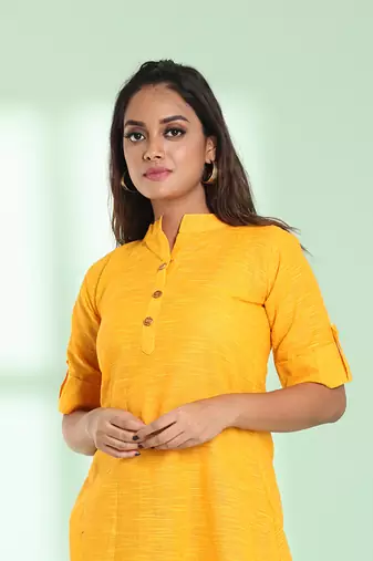 Yellow solid cotton a-line short kurta