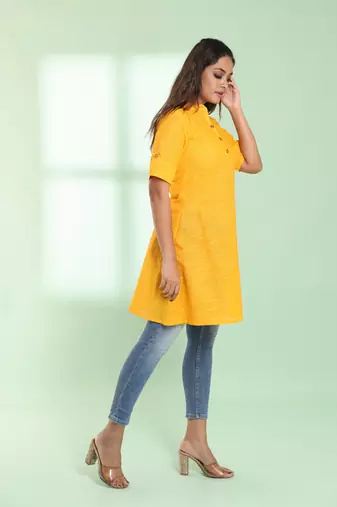 Yellow solid cotton a-line short kurta