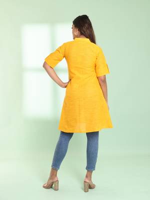 Yellow solid cotton a-line short kurta 4