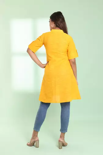 Yellow solid cotton a-line short kurta
