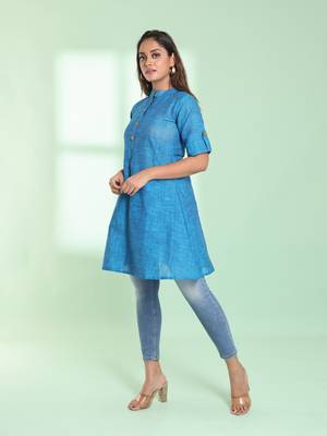 Sapphire blue solid cotton a-line short kurta 3