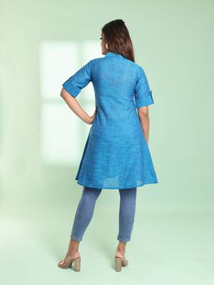 Sapphire blue solid cotton a-line short kurta 4