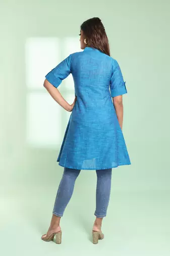 Sapphire blue solid cotton a-line short kurta