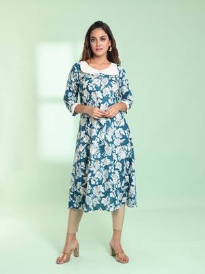Teal rayon floral printed a-line kurta 1