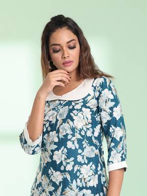 Teal rayon floral printed a-line kurta 2