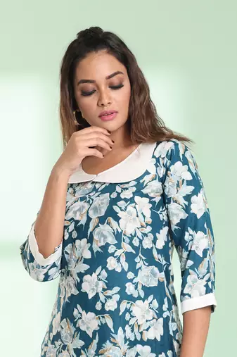 Teal rayon floral printed a-line kurta
