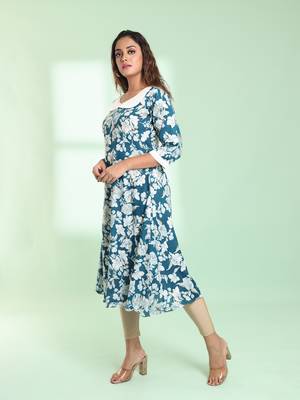 Teal rayon floral printed a-line kurta 3