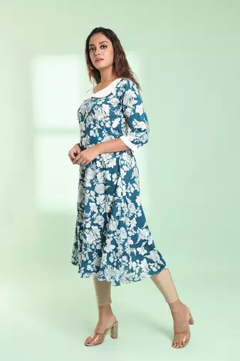 Teal rayon floral printed a-line kurta