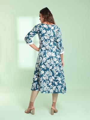 Teal rayon floral printed a-line kurta 4