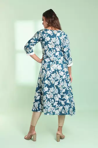 Teal rayon floral printed a-line kurta