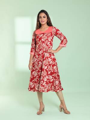 Red rayon floral printed a-line kurta 1
