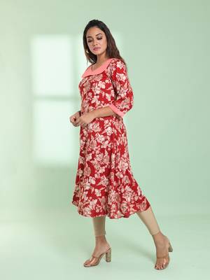 Red rayon floral printed a-line kurta 3
