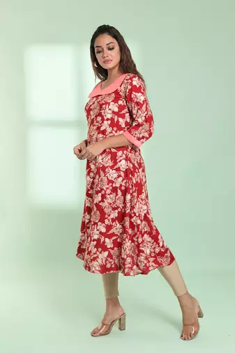 Red rayon floral printed a-line kurta
