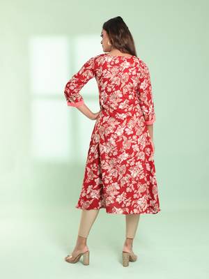 Red rayon floral printed a-line kurta 4