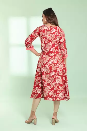 Red rayon floral printed a-line kurta