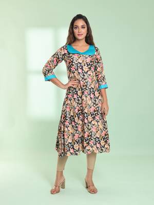 Navy blue rayon floral printed a-line kurta 1
