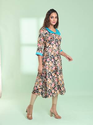 Navy blue rayon floral printed a-line kurta 3
